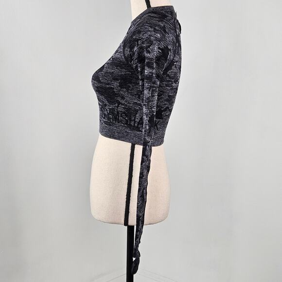 Gymshark Black Gray Camo Long Sleeve Athletic Performance Crop Top | Women's XS - Picture 9 of 15